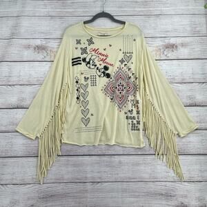 Disney Boutique Minnie Mickey Floral Fringe‎ Sleeve Blouse Women's Small Cream